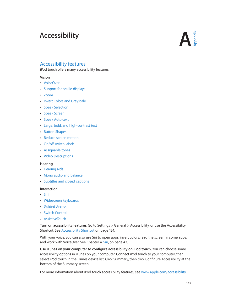 Appendix a: accessibility, Accessibility features, 123 accessibility features | Accessibility | Apple iPod touch iOS 8.1 User Manual | Page 123 / 160