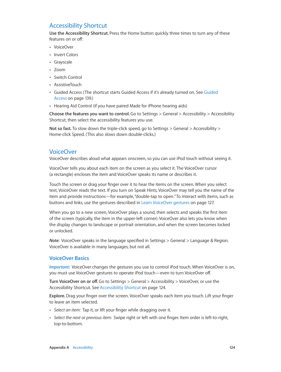 Accessibility shortcut, Voiceover, 124 accessibility shortcut 124 voiceover | Accessibility, Shortcut, Voiceover basics | Apple iPod touch iOS 8.1 User Manual | Page 124 / 160