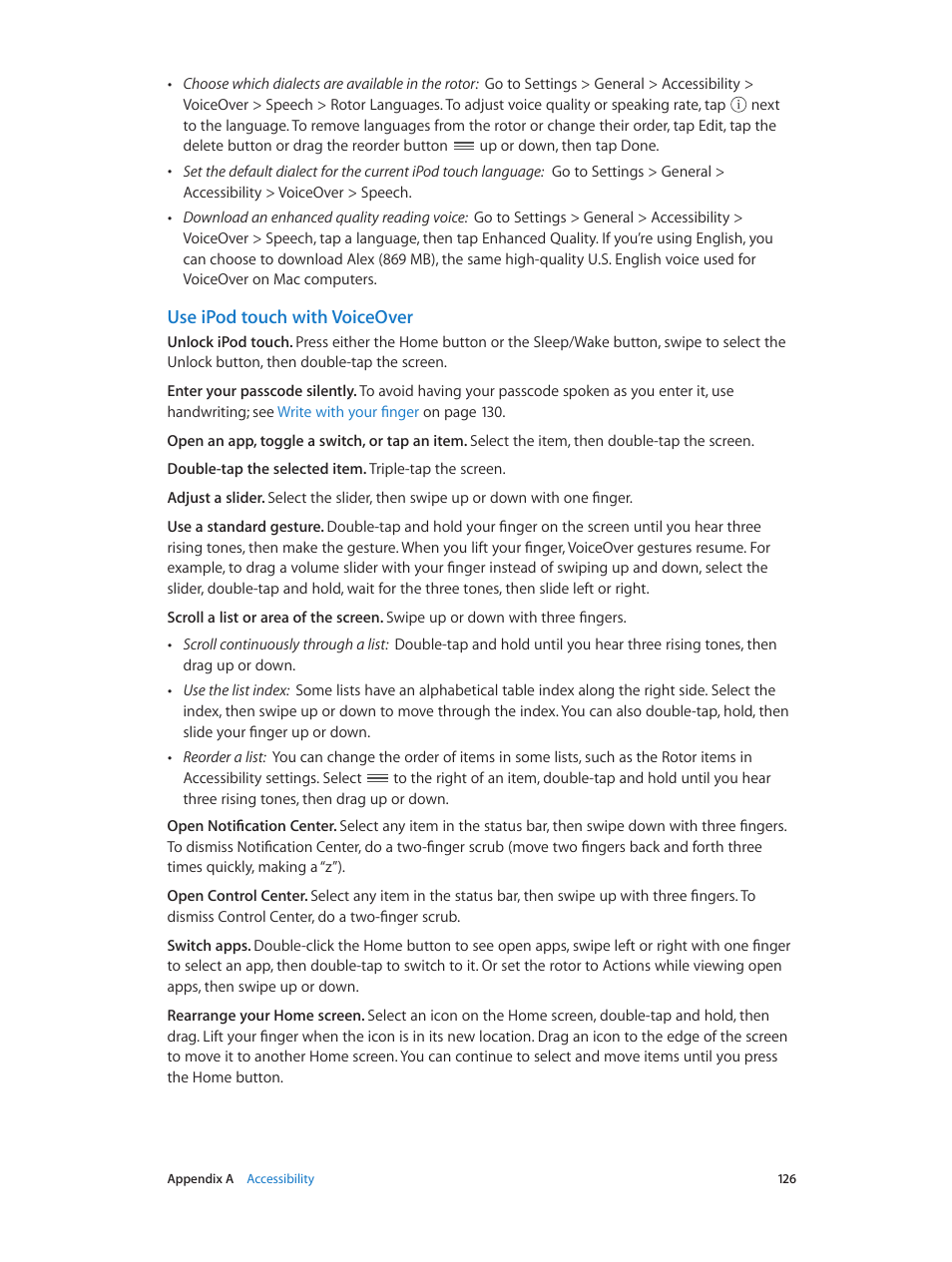 Use ipod touch with voiceover | Apple iPod touch iOS 8.1 User Manual | Page 126 / 160