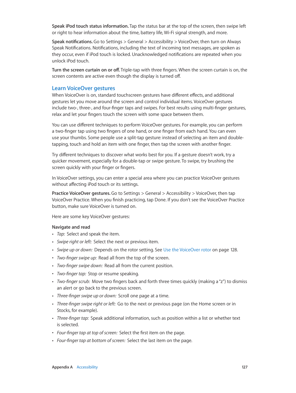 Learn voiceover gestures | Apple iPod touch iOS 8.1 User Manual | Page 127 / 160