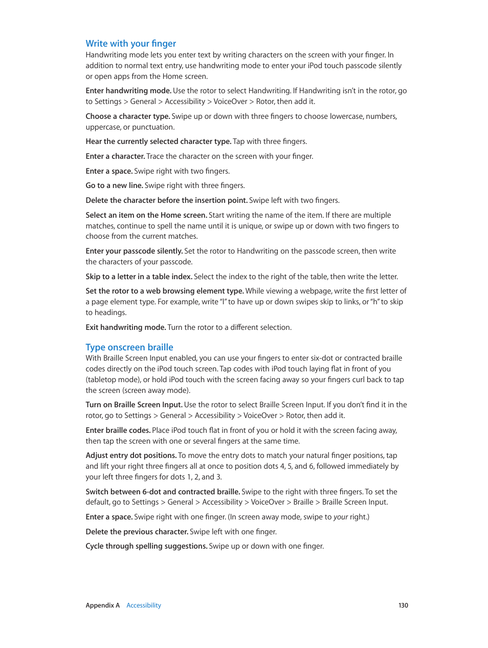 Write with your finger, Type onscreen braille | Apple iPod touch iOS 8.1 User Manual | Page 130 / 160