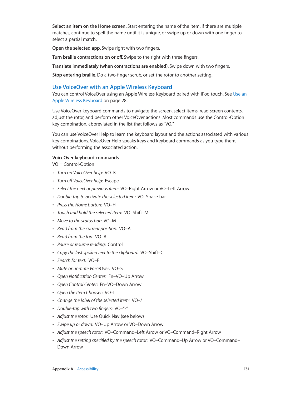 Use voiceover with an apple wireless keyboard | Apple iPod touch iOS 8.1 User Manual | Page 131 / 160