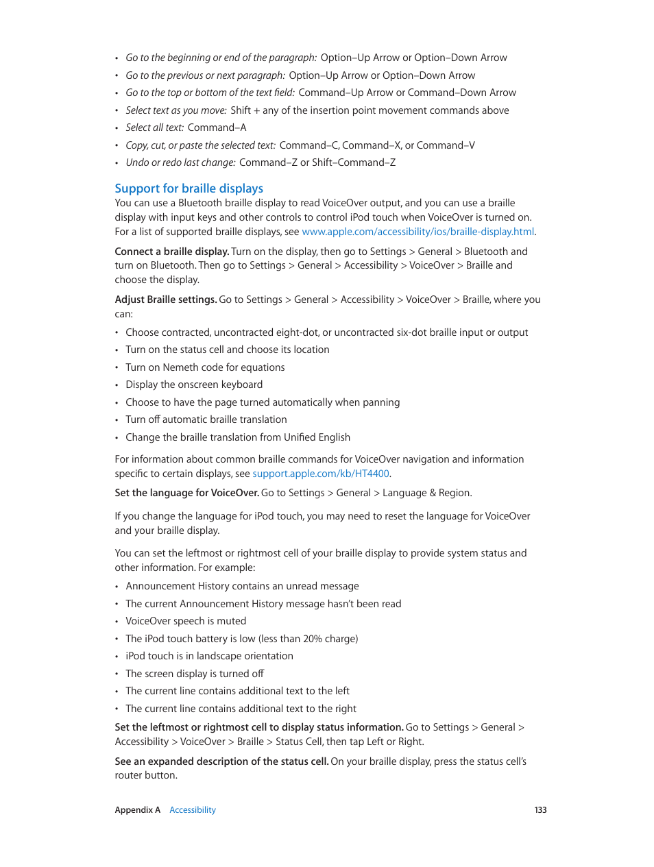 Support for braille displays | Apple iPod touch iOS 8.1 User Manual | Page 133 / 160