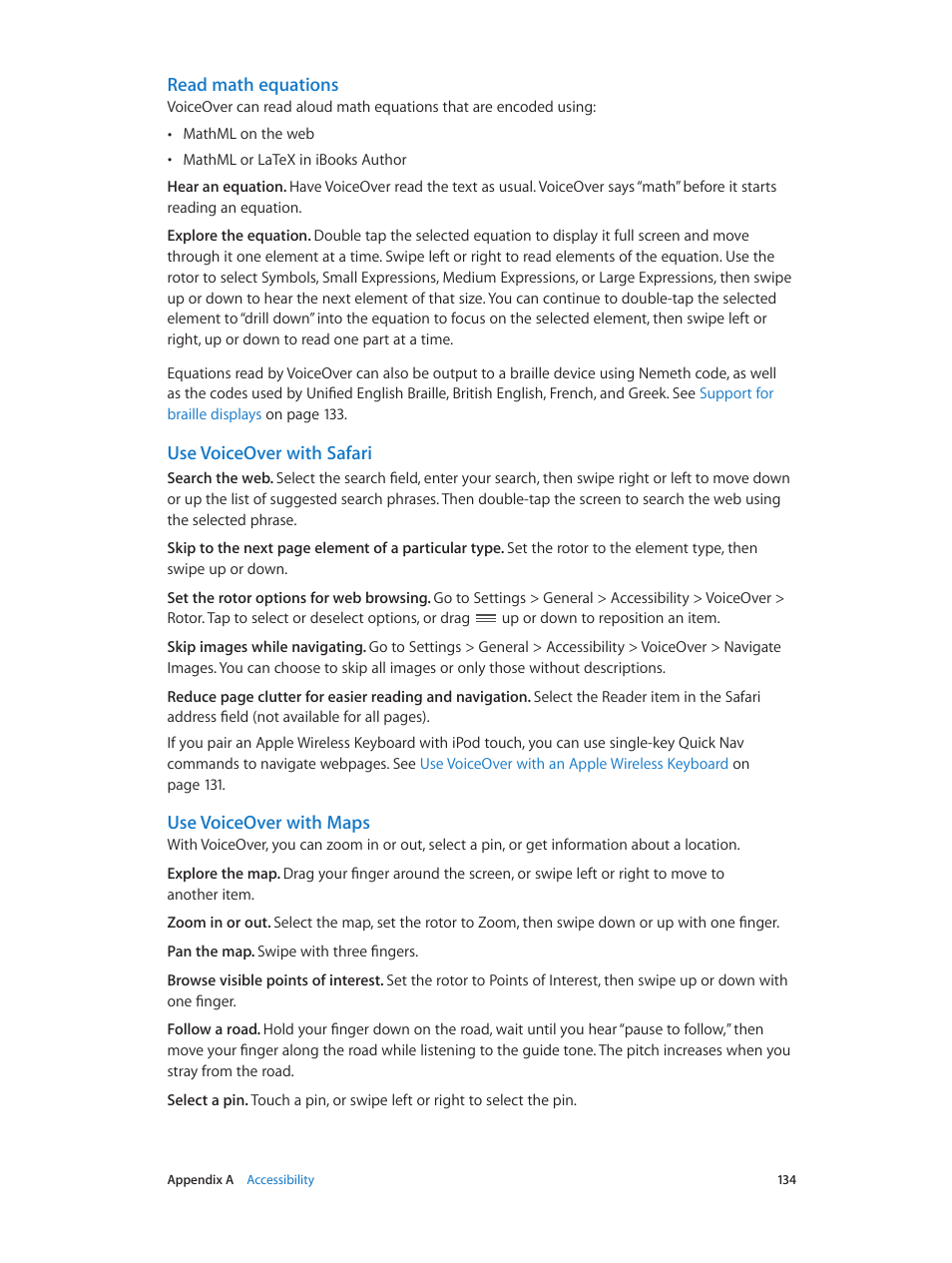 Read math equations, Use voiceover with safari, Use voiceover with maps | Apple iPod touch iOS 8.1 User Manual | Page 134 / 160