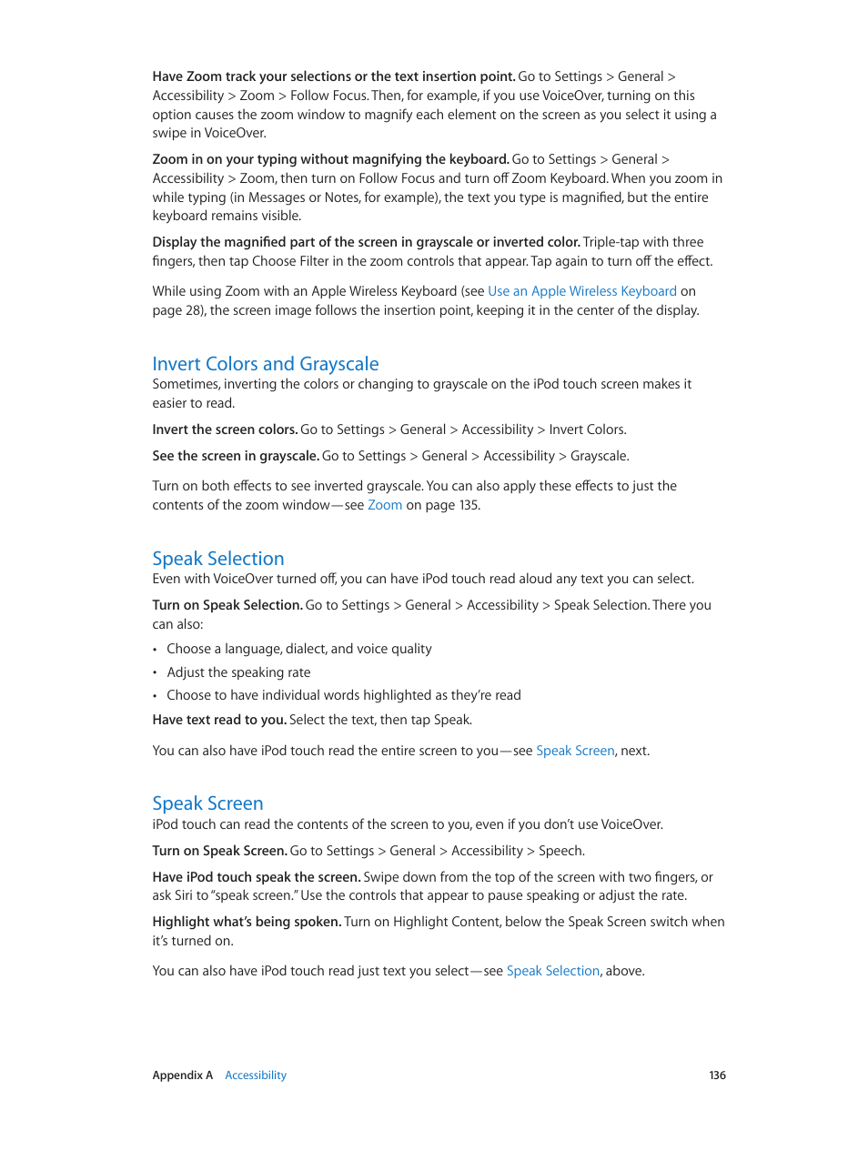 Invert colors and grayscale, Speak selection, Speak screen | Apple iPod touch iOS 8.1 User Manual | Page 136 / 160