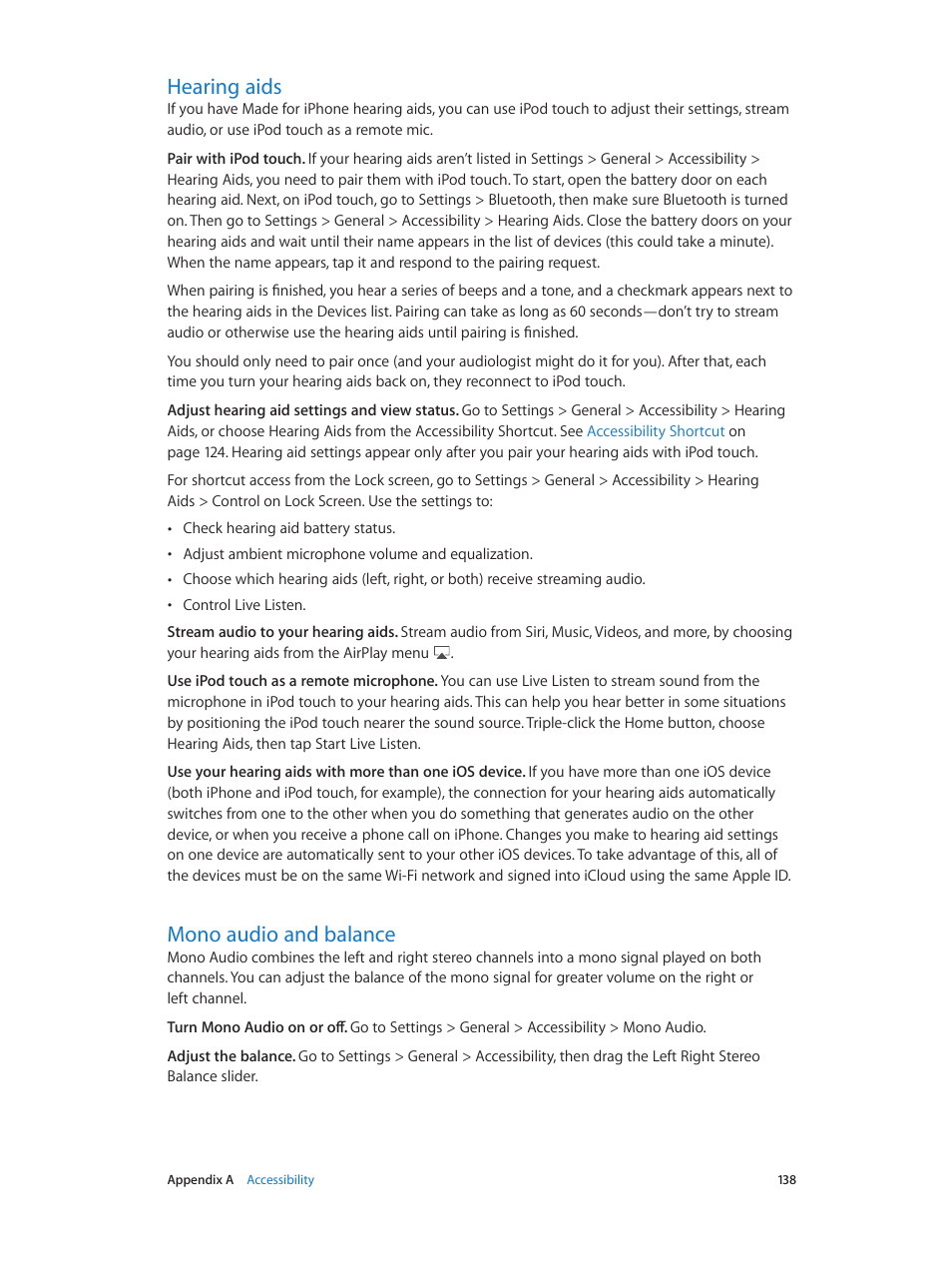 Hearing aids, Mono audio and balance, 138 hearing aids 138 mono audio and balance | Apple iPod touch iOS 8.1 User Manual | Page 138 / 160