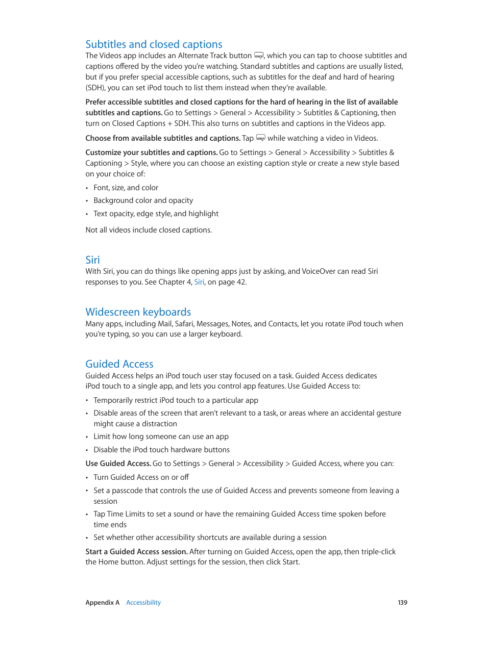 Subtitles and closed captions, Siri, Widescreen keyboards | Guided access, Guided, Access | Apple iPod touch iOS 8.1 User Manual | Page 139 / 160