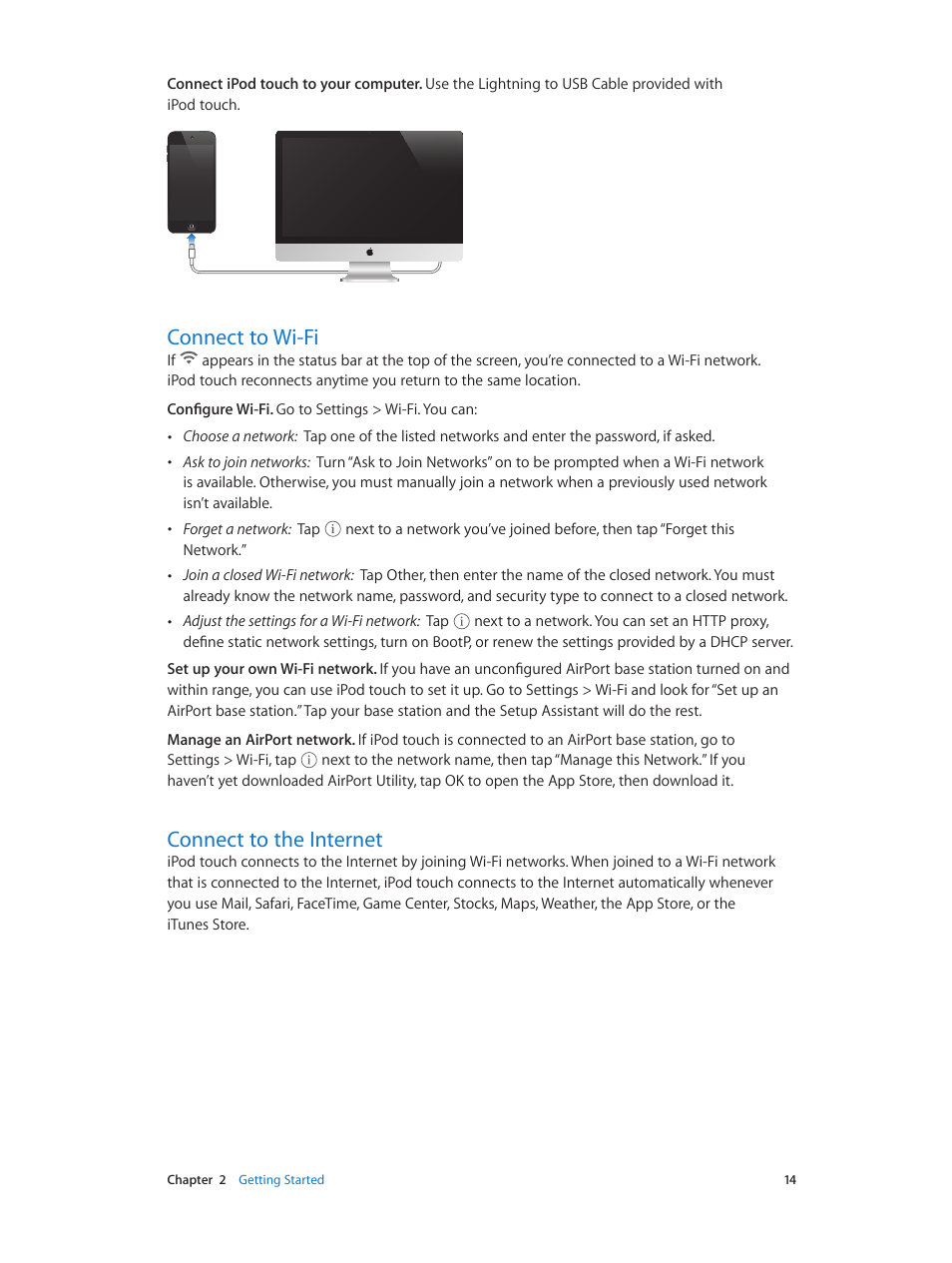 Connect to wi‑fi, Connect to the internet, 14 connect to wi-fi 14 connect to the internet | Connect to wi-fi | Apple iPod touch iOS 8.1 User Manual | Page 14 / 160