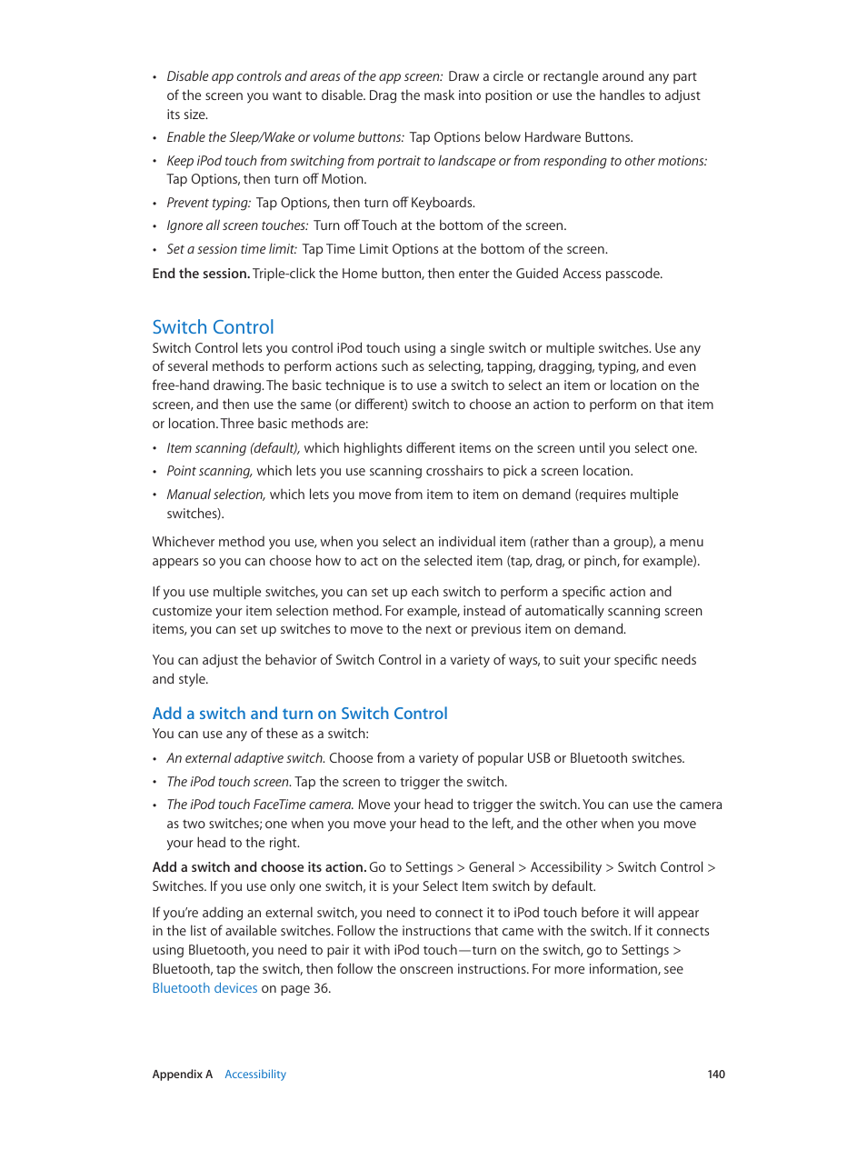Switch control, 140 switch control, Add a switch and turn on switch control | Apple iPod touch iOS 8.1 User Manual | Page 140 / 160