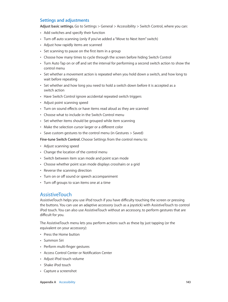 Assistivetouch, 143 assistivetouch, Settings and adjustments | Apple iPod touch iOS 8.1 User Manual | Page 143 / 160