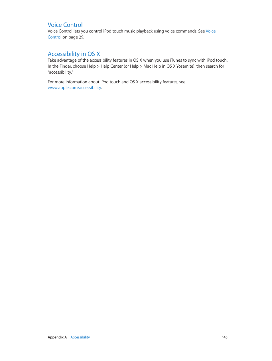Voice control, Accessibility in os x, 145 voice control 145 accessibility in os x | Apple iPod touch iOS 8.1 User Manual | Page 145 / 160