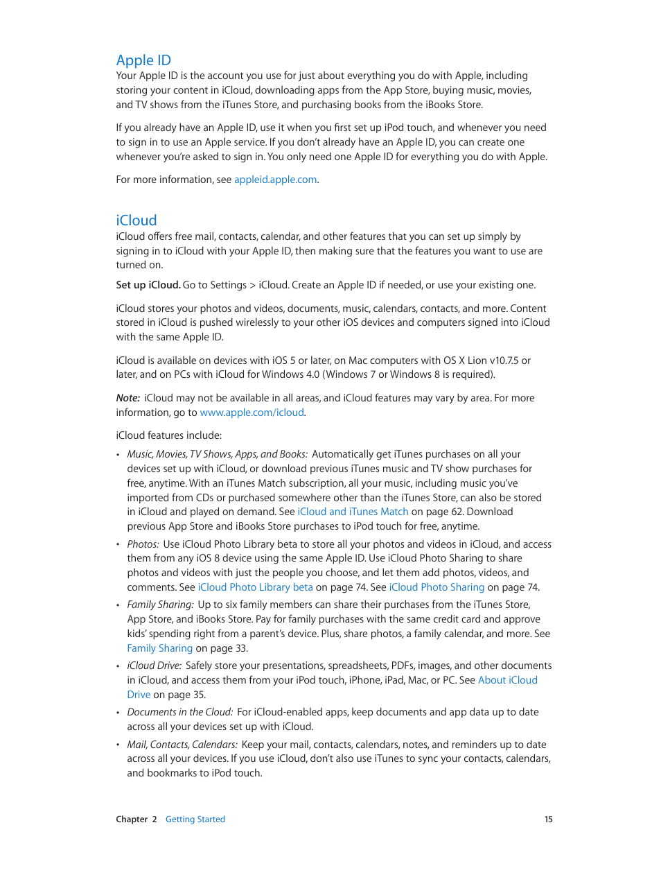 Apple id, Icloud, 15 apple id 15 icloud | Apple iPod touch iOS 8.1 User Manual | Page 15 / 160