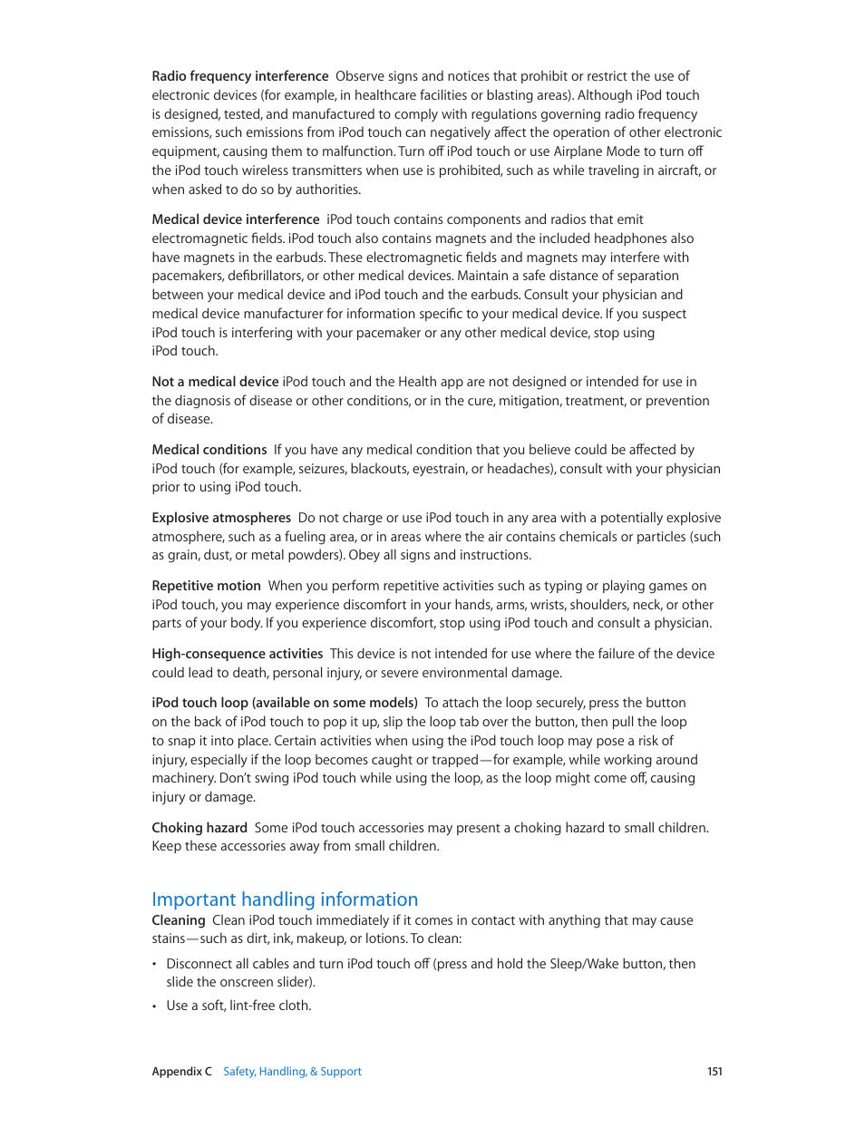 Important handling information, 151 important handling information | Apple iPod touch iOS 8.1 User Manual | Page 151 / 160