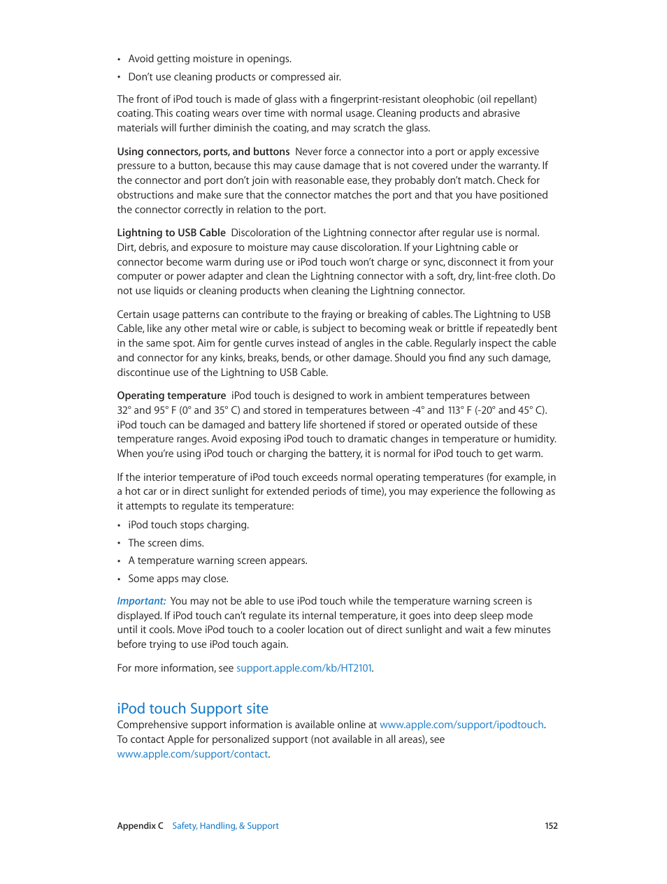 Ipod touch support site, 152 ipod touch support site | Apple iPod touch iOS 8.1 User Manual | Page 152 / 160