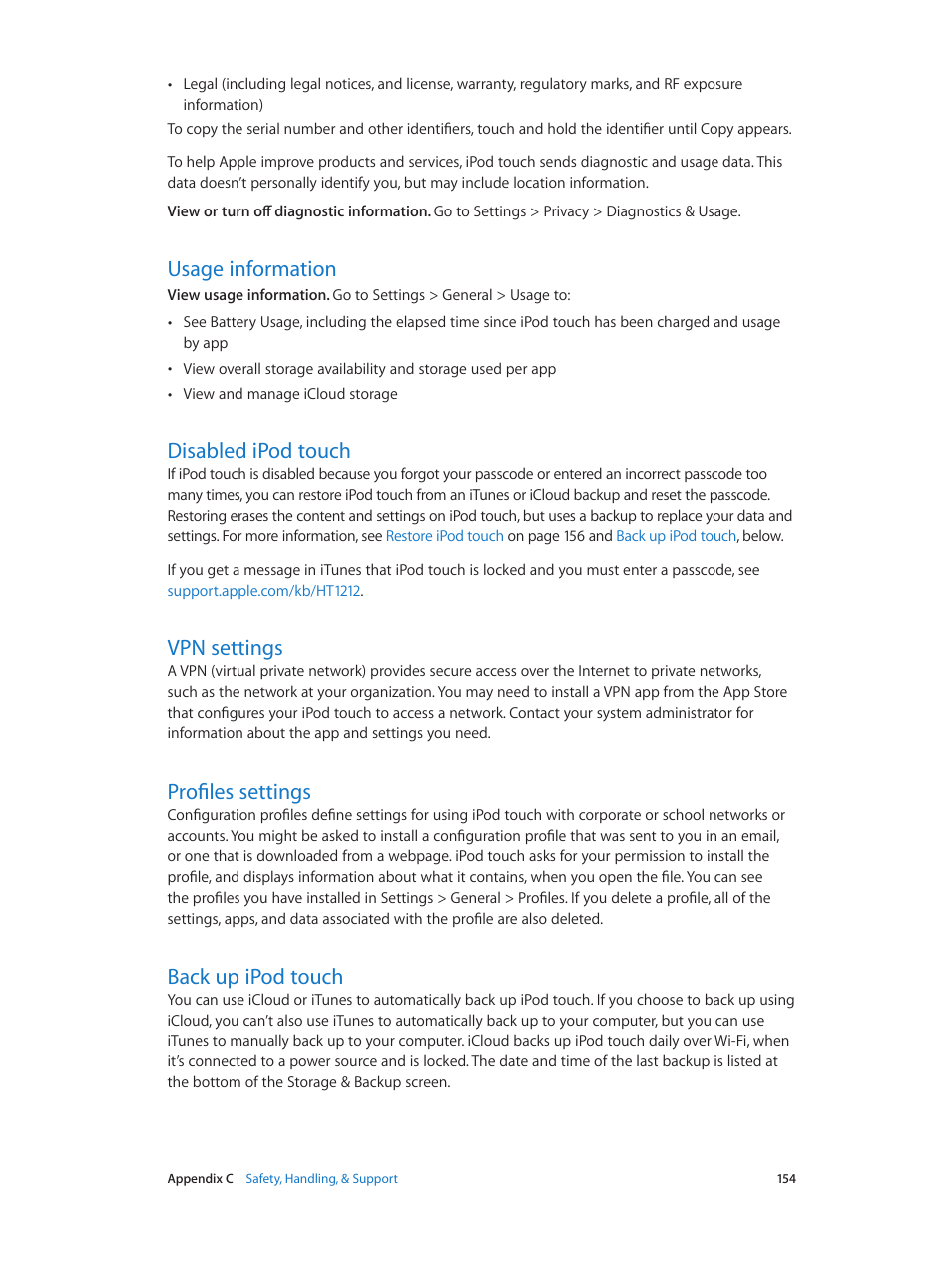 Usage information, Disabled ipod touch, Vpn settings | Profiles settings, Back up ipod touch, 154 and | Apple iPod touch iOS 8.1 User Manual | Page 154 / 160