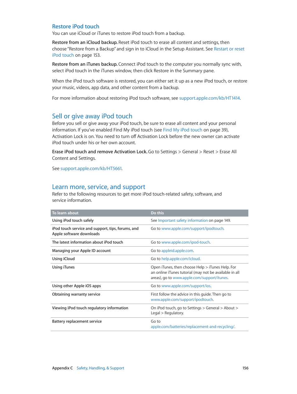 Sell or give away ipod touch, Learn more, service, and support, Restore ipod touch | 156 and | Apple iPod touch iOS 8.1 User Manual | Page 156 / 160