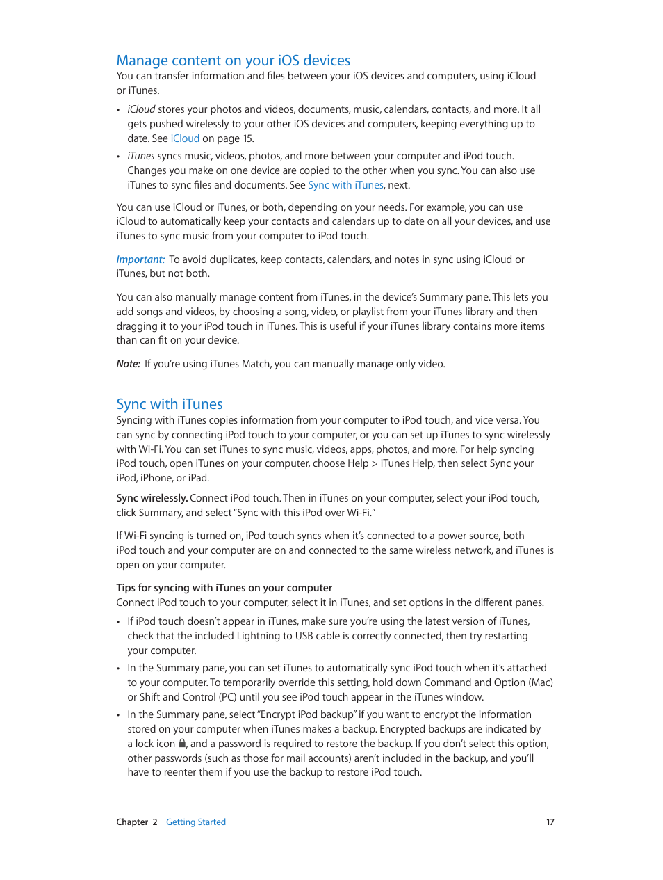 Manage content on your ios devices, Sync with itunes | Apple iPod touch iOS 8.1 User Manual | Page 17 / 160