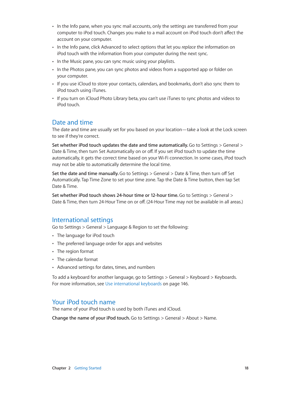 Date and time, International settings, Your ipod touch name | Apple iPod touch iOS 8.1 User Manual | Page 18 / 160