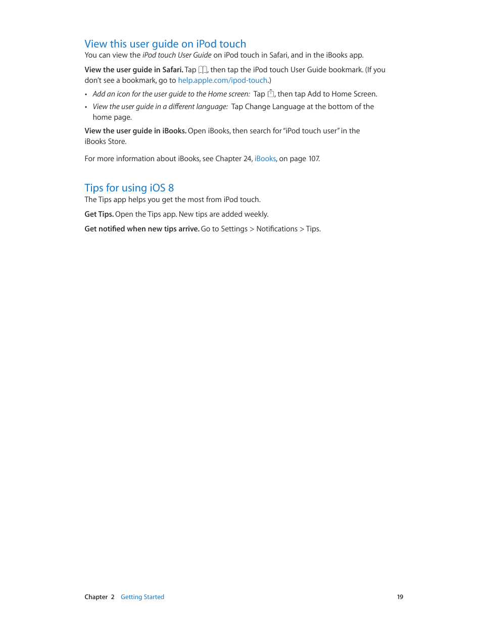 View this user guide on ipod touch, Tips for using ios 8 | Apple iPod touch iOS 8.1 User Manual | Page 19 / 160