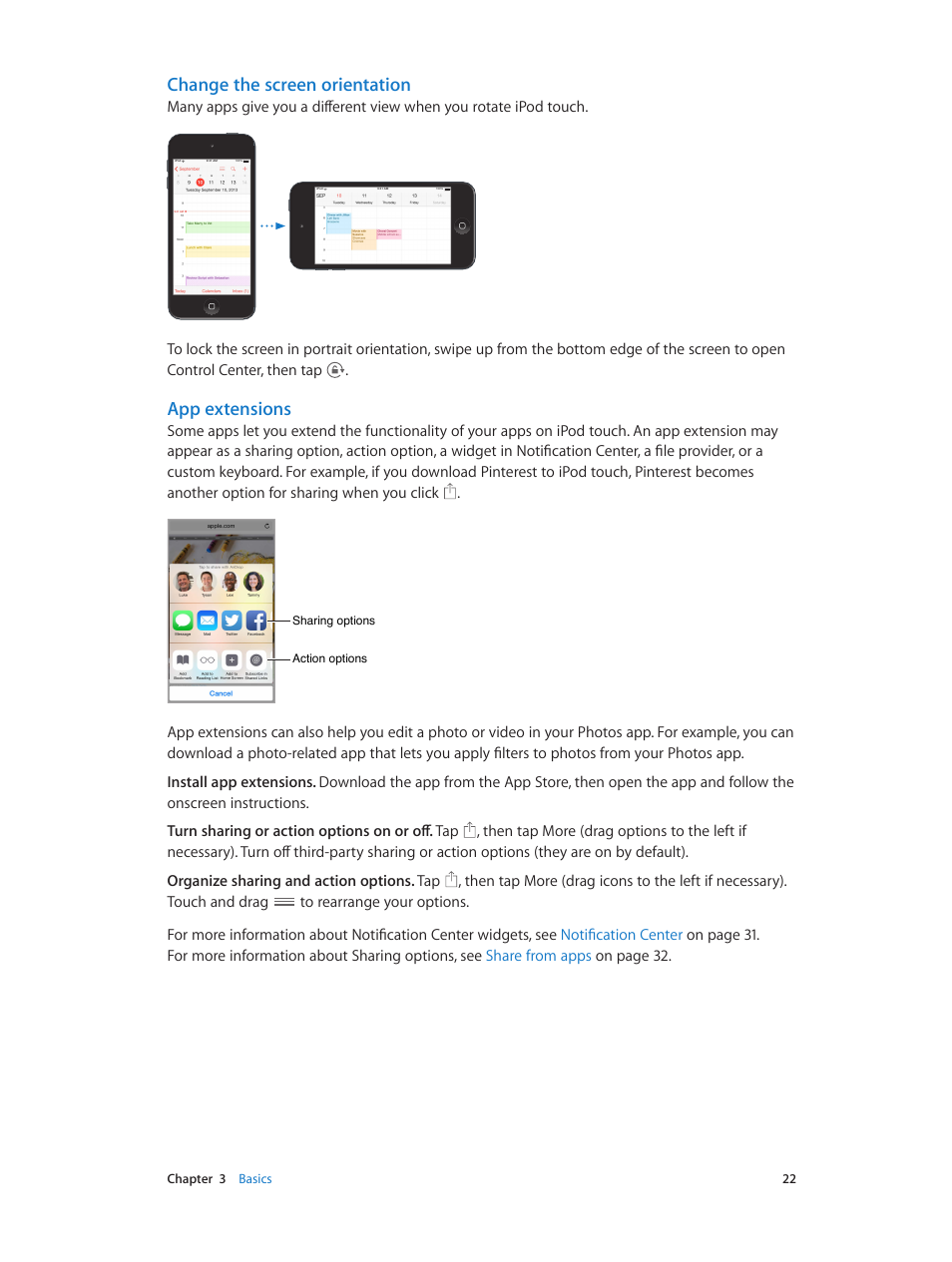 Change, The screen orientation, Change the screen orientation | App extensions | Apple iPod touch iOS 8.1 User Manual | Page 22 / 160