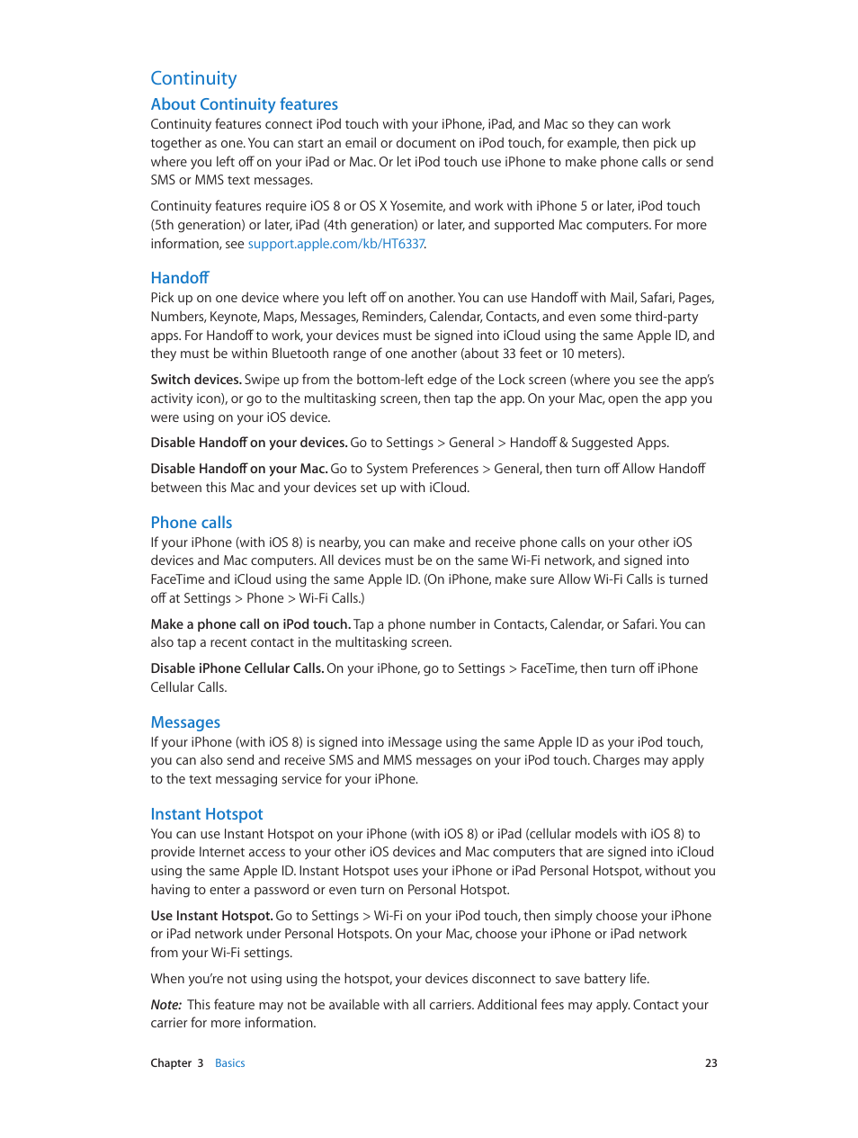 Continuity, 23 continuity | Apple iPod touch iOS 8.1 User Manual | Page 23 / 160
