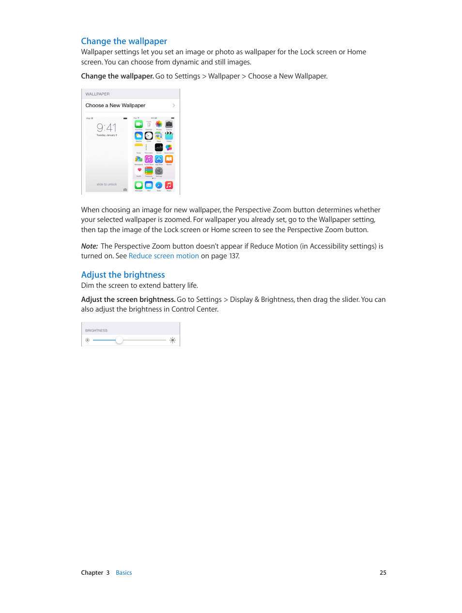 Change the wallpaper, Adjust the brightness | Apple iPod touch iOS 8.1 User Manual | Page 25 / 160