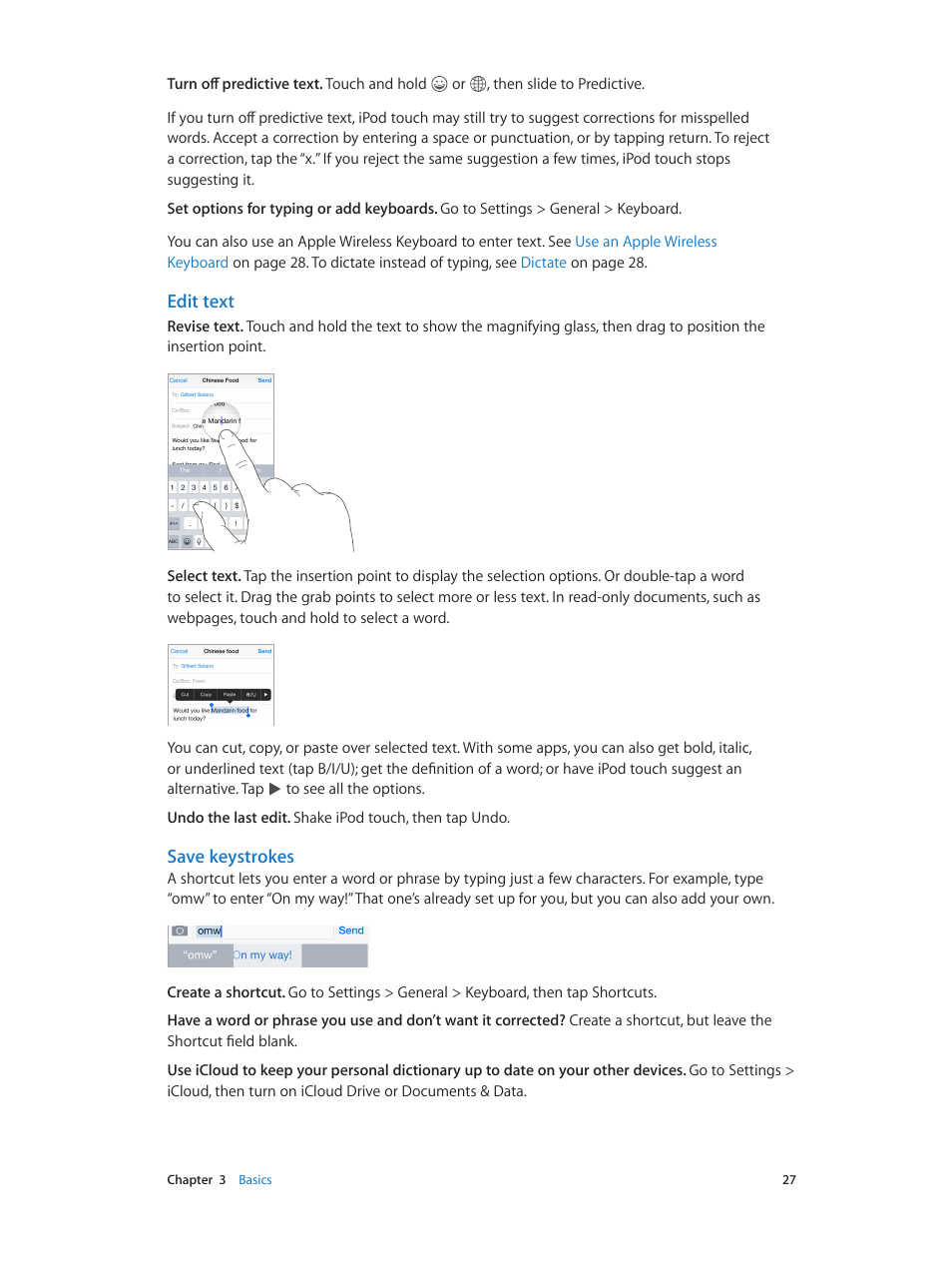 Edit text, Save keystrokes | Apple iPod touch iOS 8.1 User Manual | Page 27 / 160