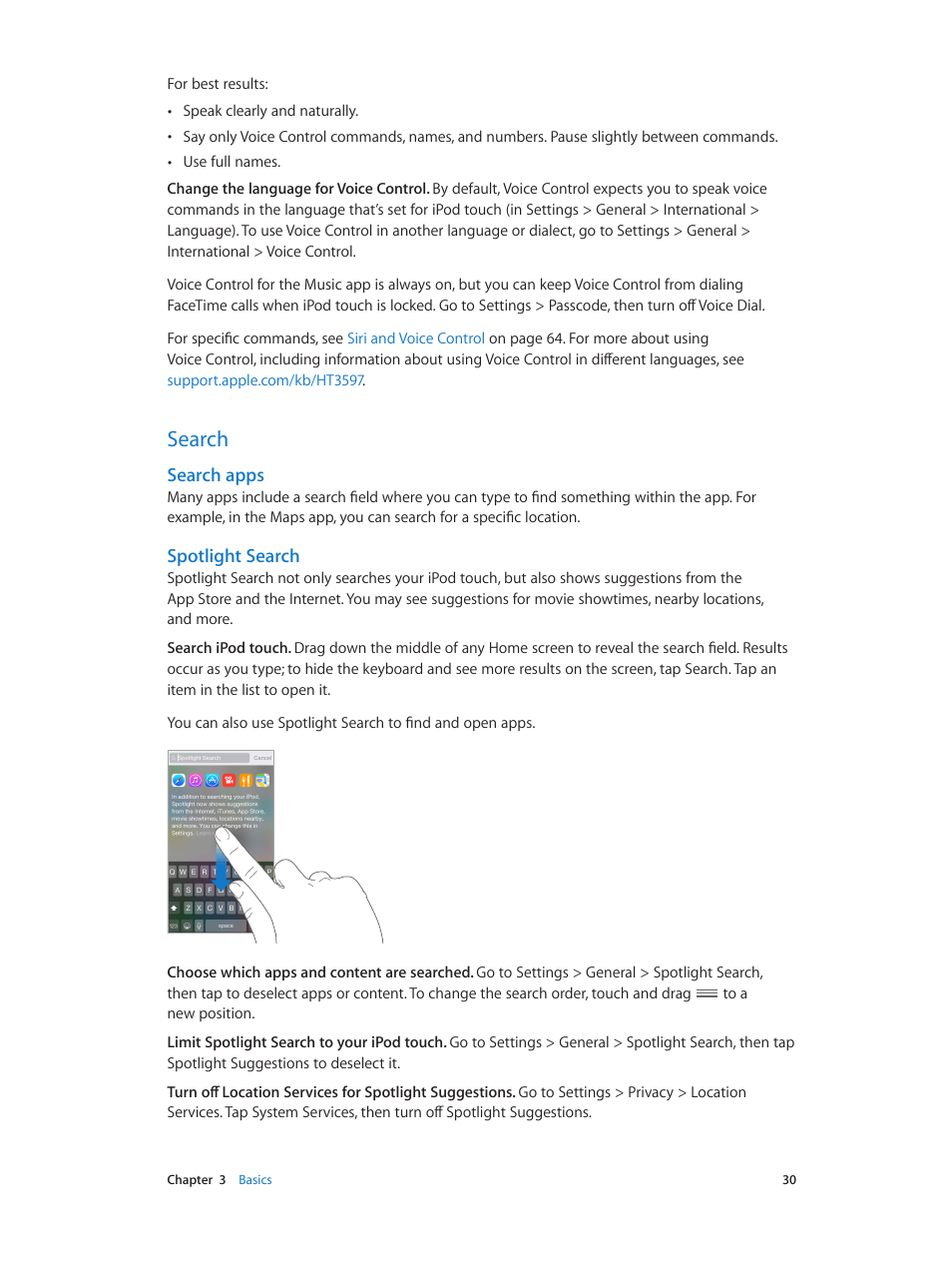 Search, 30 search, Search apps | Spotlight search | Apple iPod touch iOS 8.1 User Manual | Page 30 / 160