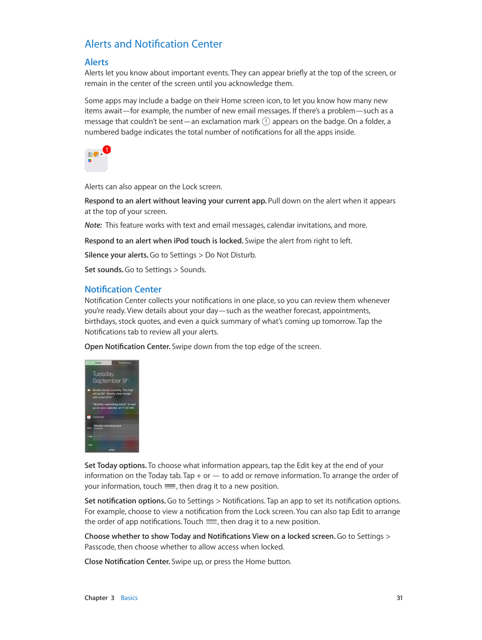 Alerts and notification center, 31 alerts and notification center, Notification center | Alerts | Apple iPod touch iOS 8.1 User Manual | Page 31 / 160