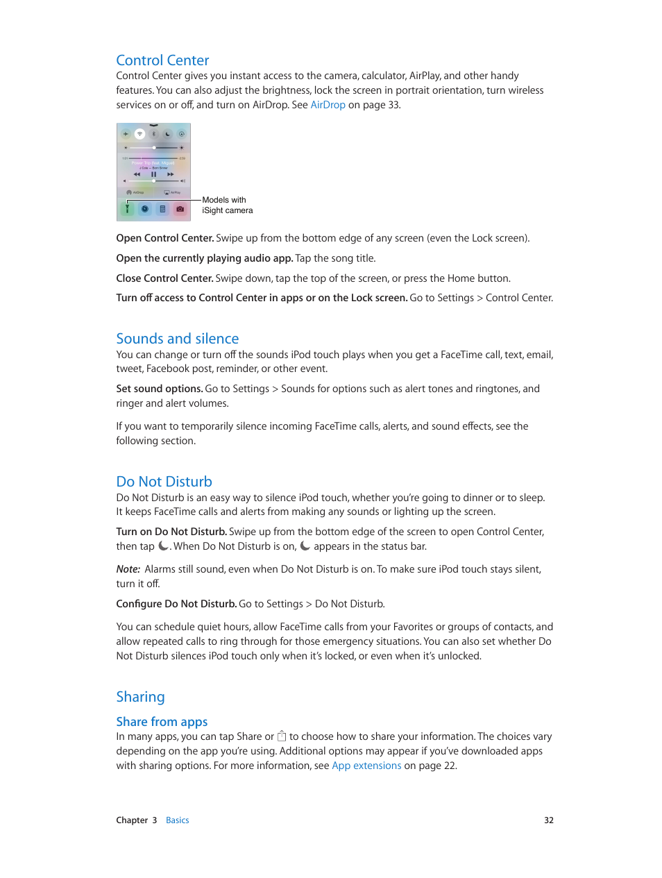 Control center, Sounds and silence, Do not disturb | Sharing, Share from apps | Apple iPod touch iOS 8.1 User Manual | Page 32 / 160