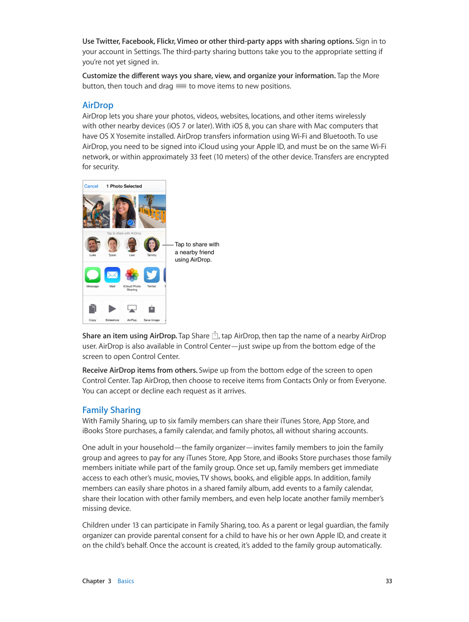 Family sharing, Airdrop | Apple iPod touch iOS 8.1 User Manual | Page 33 / 160