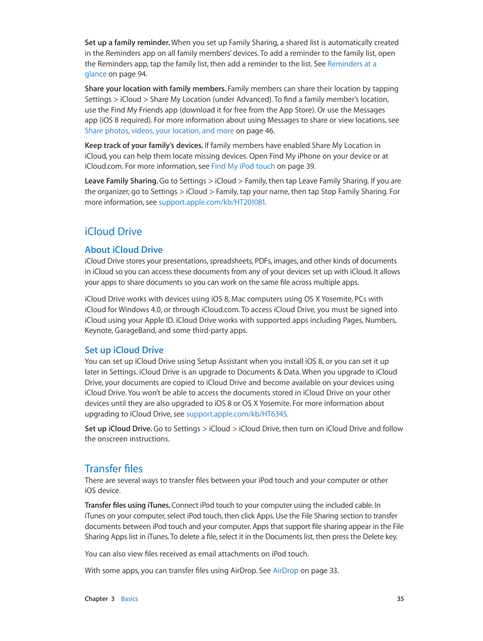 Icloud drive, Transfer files, 35 icloud drive 35 transfer files | About icloud, Drive, About icloud drive, Set up icloud drive | Apple iPod touch iOS 8.1 User Manual | Page 35 / 160