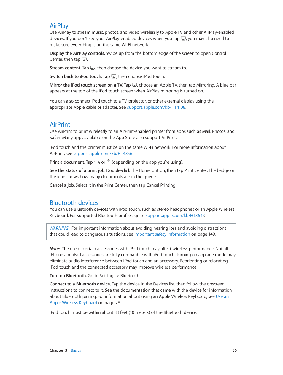 Airplay, Airprint, Bluetooth devices | 36 airplay 36 airprint 36 bluetooth devices | Apple iPod touch iOS 8.1 User Manual | Page 36 / 160