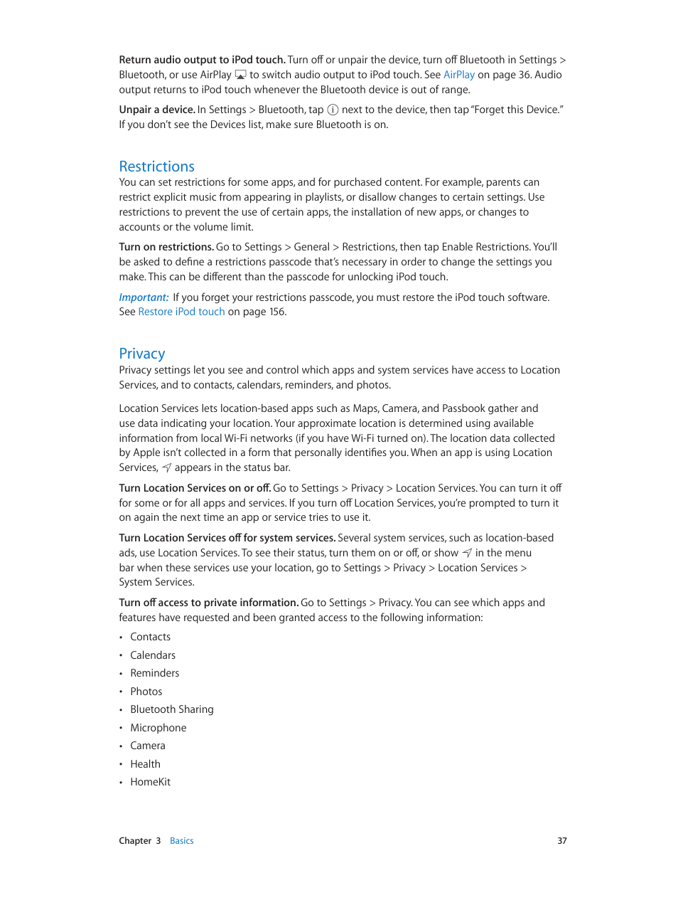 Restrictions, Privacy, 37 restrictions | 37 privacy | Apple iPod touch iOS 8.1 User Manual | Page 37 / 160
