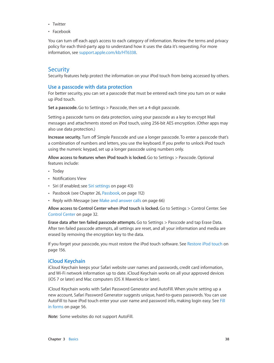 Security, 38 security, Use a passcode with data protection | Icloud keychain | Apple iPod touch iOS 8.1 User Manual | Page 38 / 160