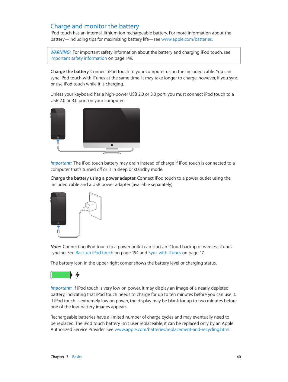 Charge and monitor the battery, 40 charge and monitor the battery, Charge | And monitor the battery | Apple iPod touch iOS 8.1 User Manual | Page 40 / 160