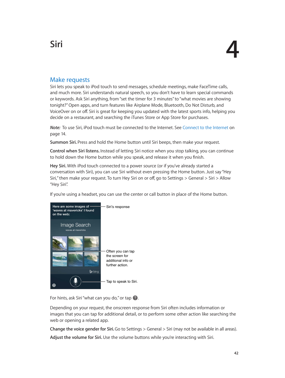 Chapter 4: siri, Make requests, 42 make requests | Siri | Apple iPod touch iOS 8.1 User Manual | Page 42 / 160