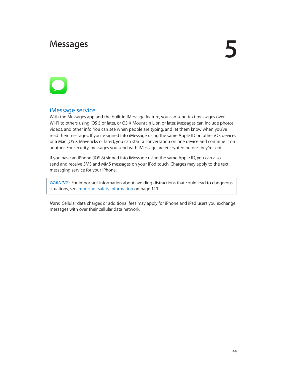 Chapter 5: messages, Imessage service, 44 imessage service | Messages | Apple iPod touch iOS 8.1 User Manual | Page 44 / 160