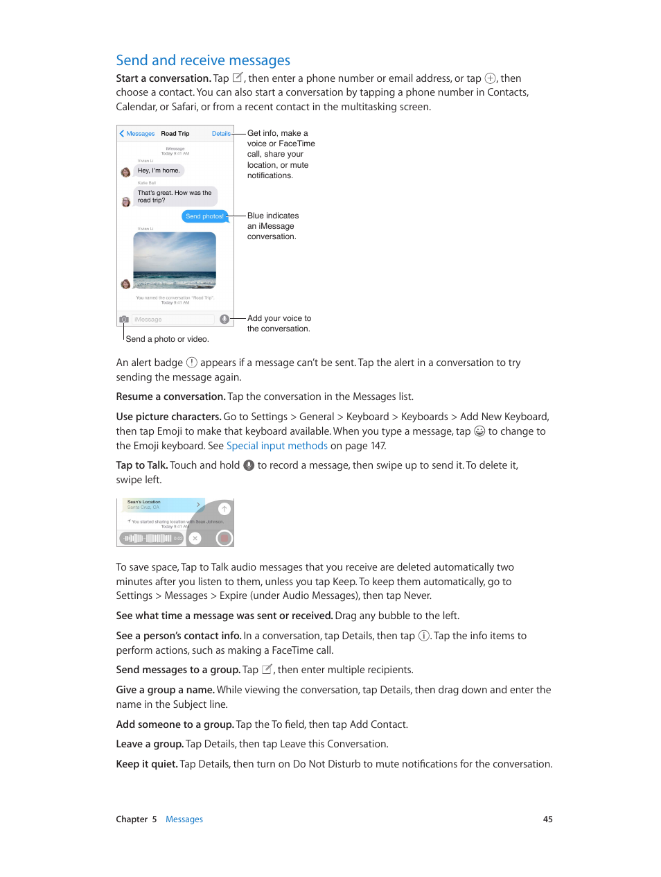 Send and receive messages, 45 send and receive messages | Apple iPod touch iOS 8.1 User Manual | Page 45 / 160