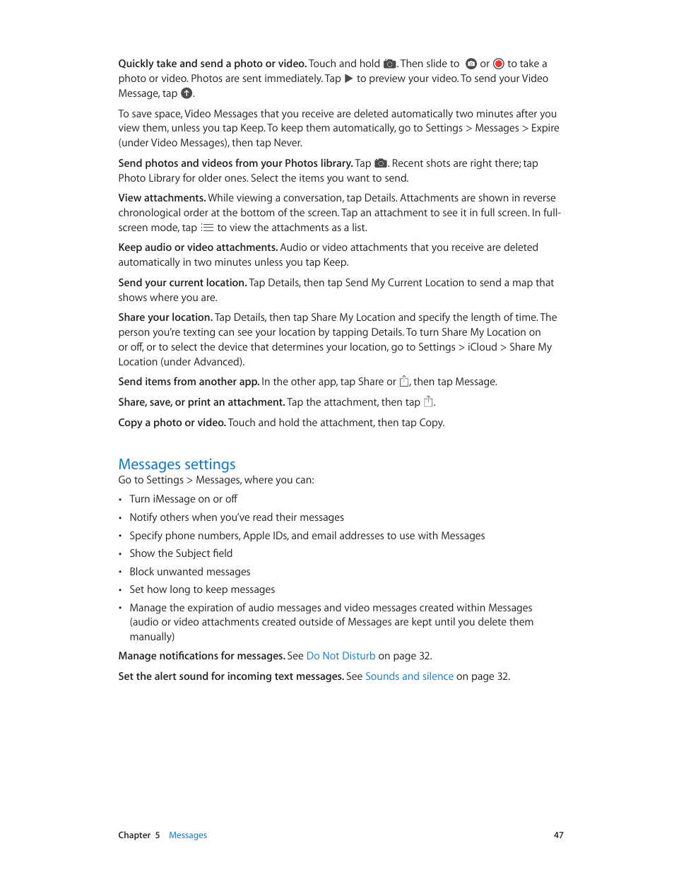 Messages settings, 47 messages settings | Apple iPod touch iOS 8.1 User Manual | Page 47 / 160
