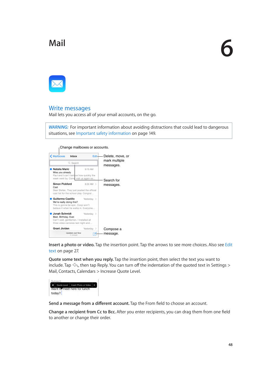 Chapter 6: mail, Write messages, 48 write messages | Mail | Apple iPod touch iOS 8.1 User Manual | Page 48 / 160