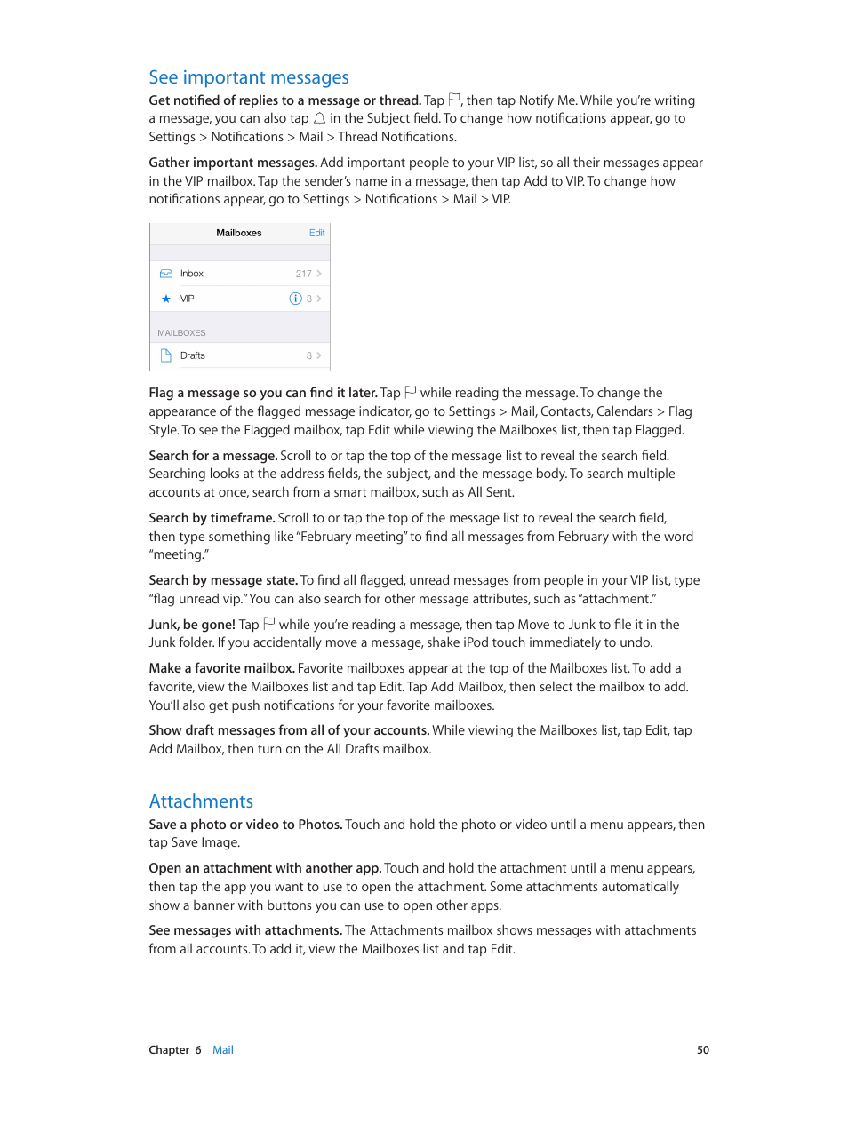See important messages, Attachments, 50 see important messages 50 attachments | Apple iPod touch iOS 8.1 User Manual | Page 50 / 160