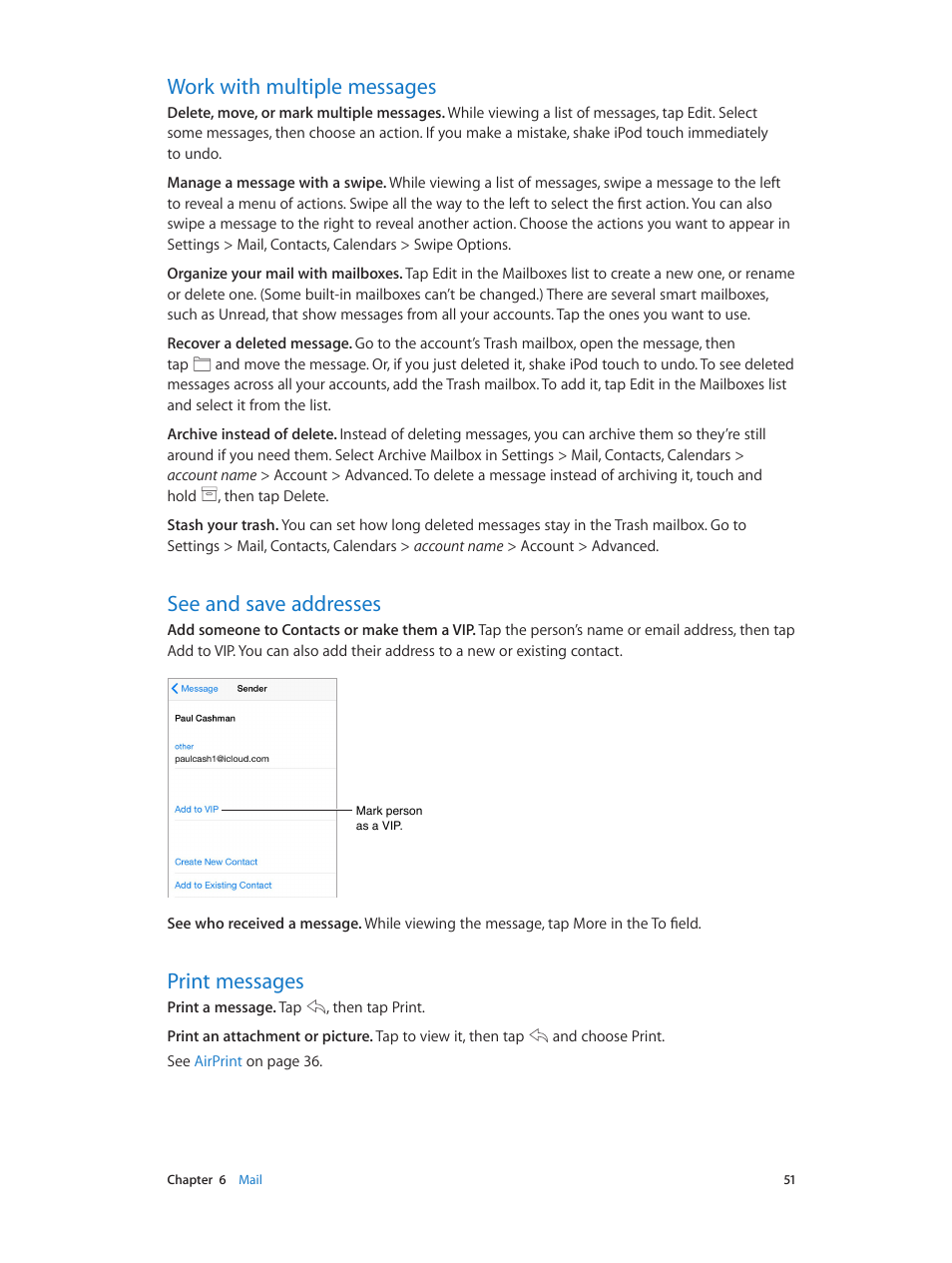 Work with multiple messages, See and save addresses, Print messages | Apple iPod touch iOS 8.1 User Manual | Page 51 / 160