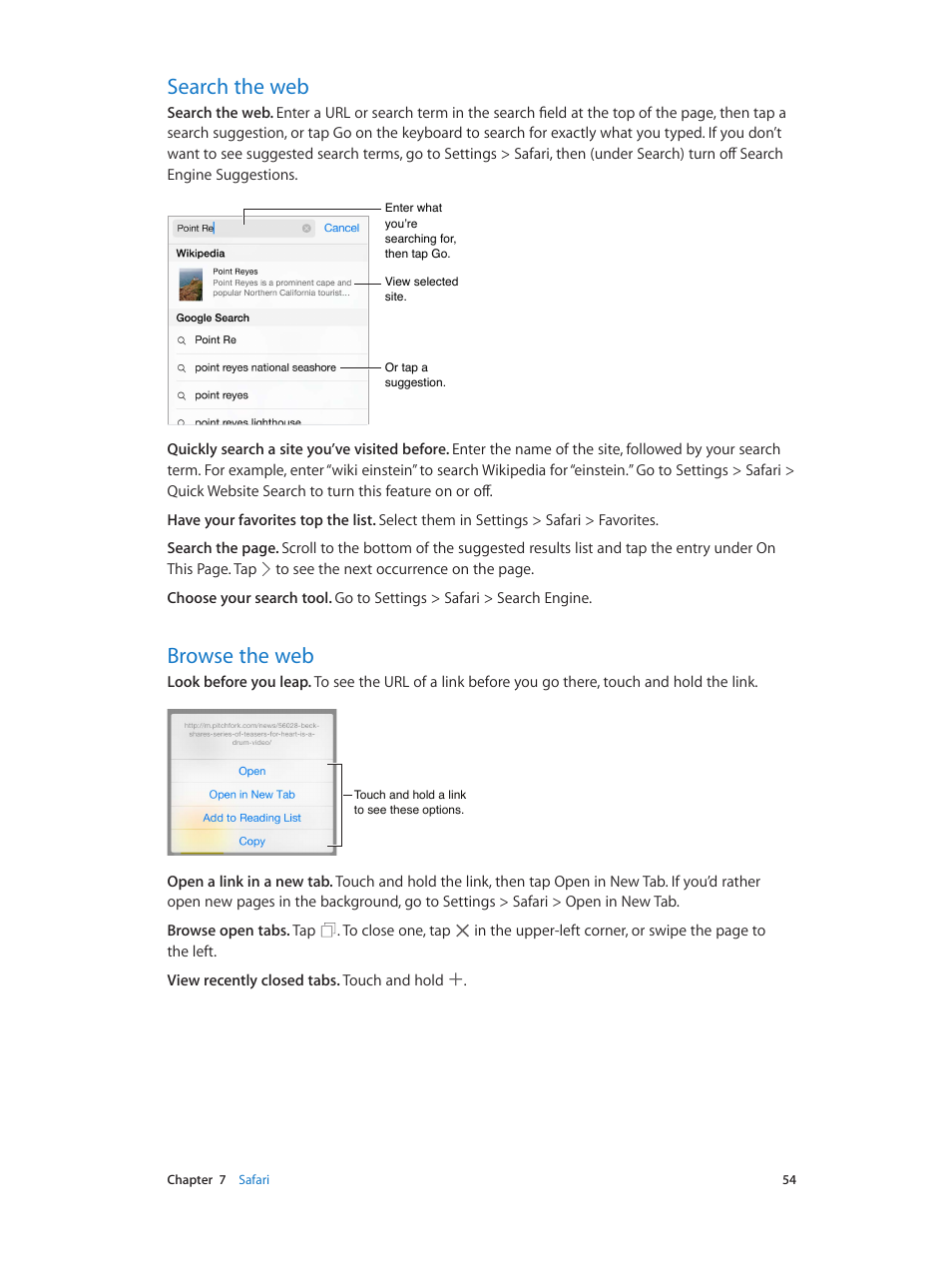 Search the web, Browse the web, 54 search the web 54 browse the web | Apple iPod touch iOS 8.1 User Manual | Page 54 / 160