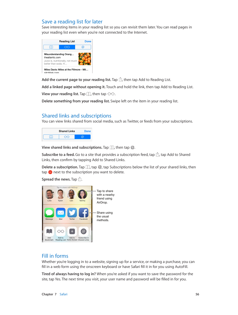 Save a reading list for later, Shared links and subscriptions, Fill in forms | Fill, In forms | Apple iPod touch iOS 8.1 User Manual | Page 56 / 160