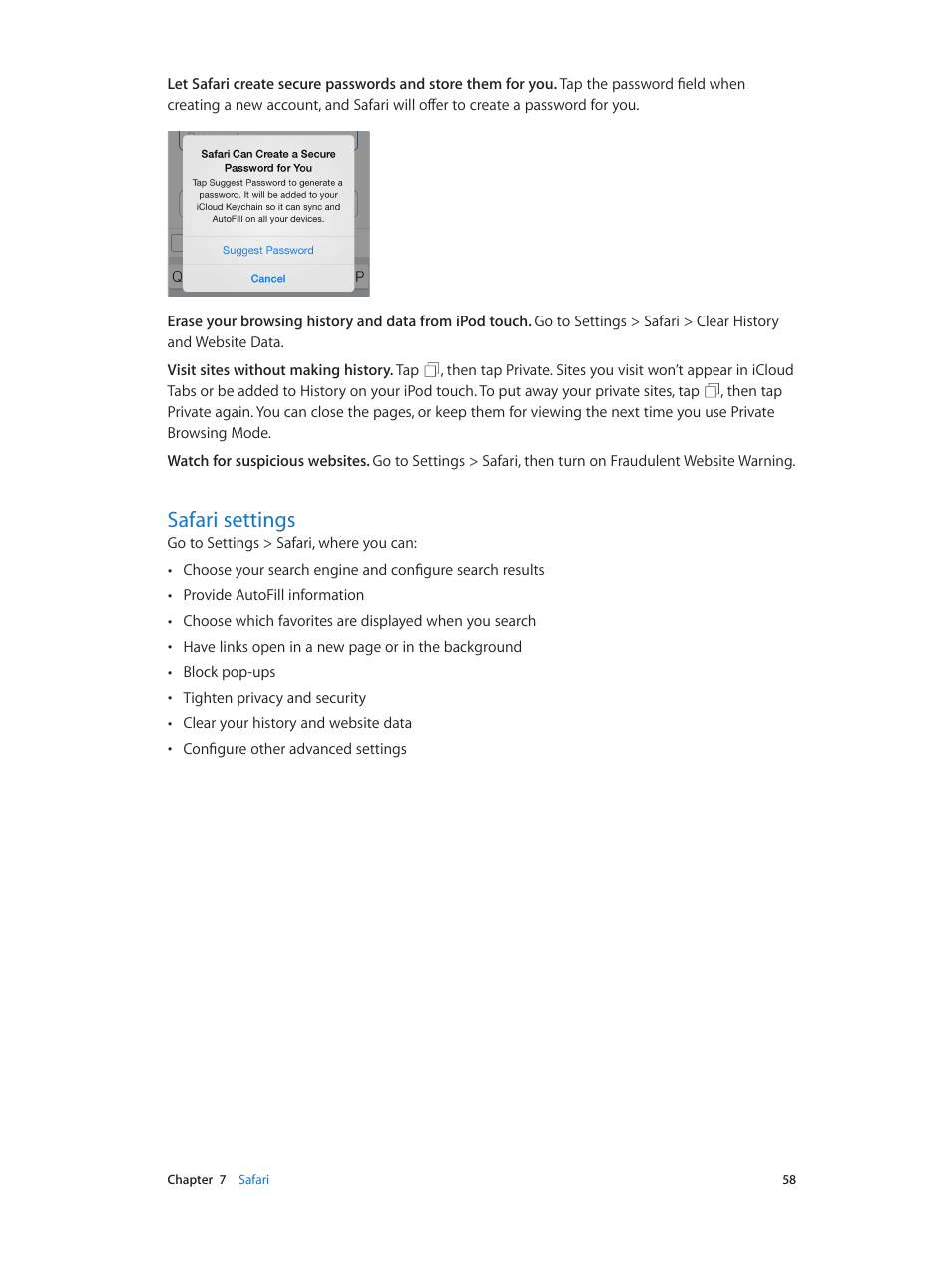 Safari settings, 58 safari settings | Apple iPod touch iOS 8.1 User Manual | Page 58 / 160