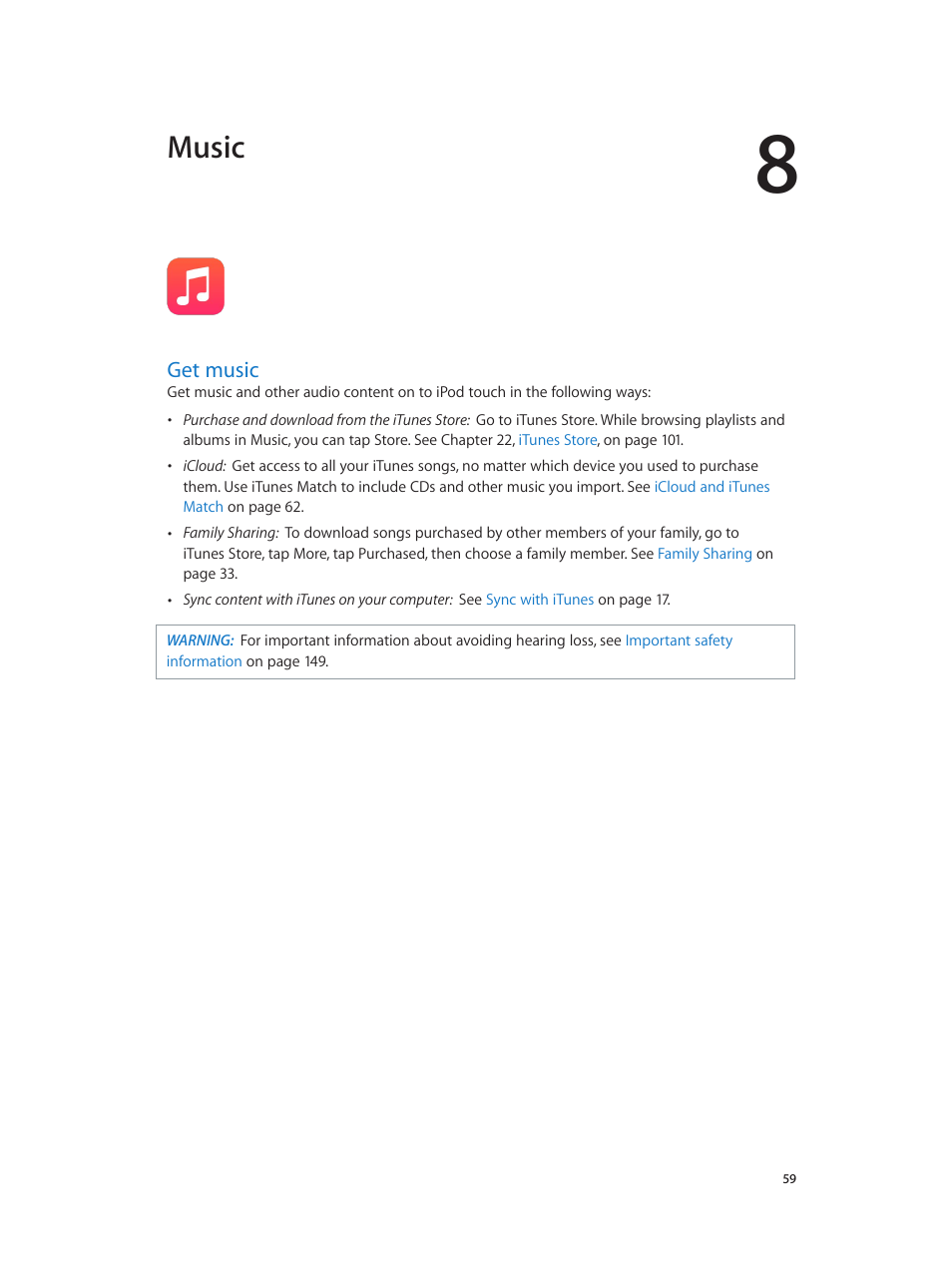 Chapter 8: music, Get music, 59 get music | Music | Apple iPod touch iOS 8.1 User Manual | Page 59 / 160