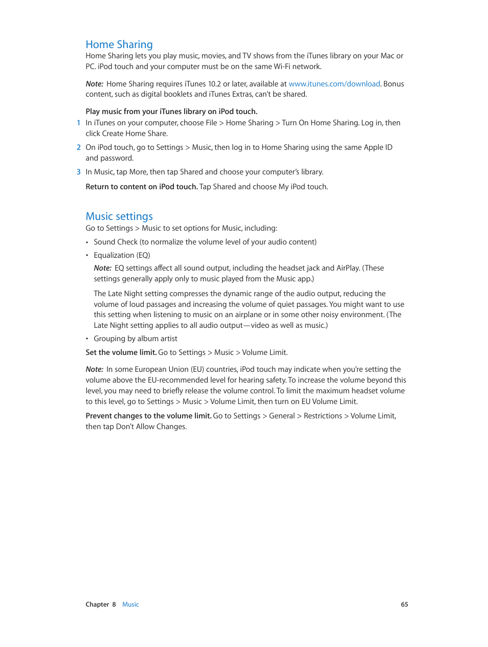 Home sharing, Music settings, 65 home sharing 65 music settings | Apple iPod touch iOS 8.1 User Manual | Page 65 / 160