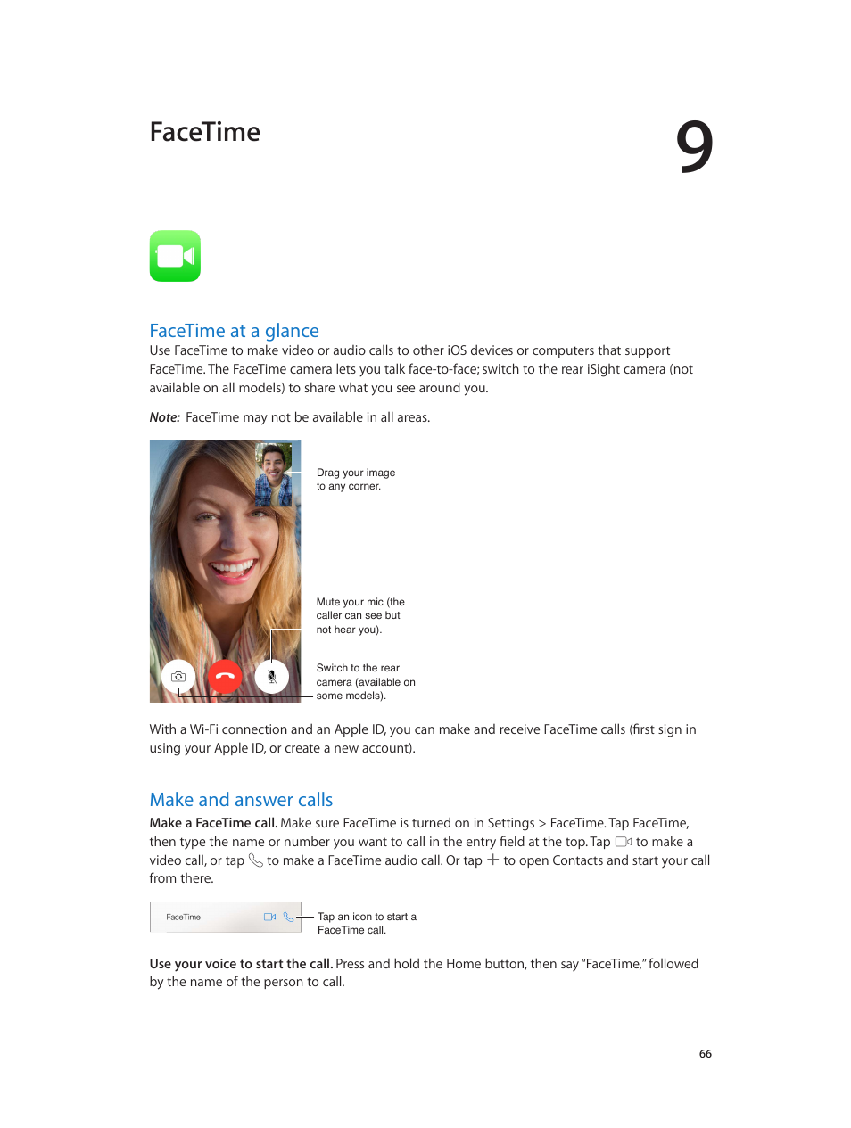 Chapter 9: facetime, Facetime at a glance, Make and answer calls | 66 facetime at a glance 66 make and answer calls, Facetime | Apple iPod touch iOS 8.1 User Manual | Page 66 / 160