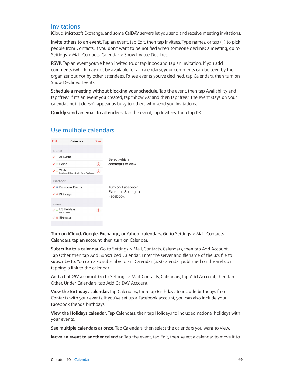 Invitations, Use multiple calendars, 69 invitations 69 use multiple calendars | Apple iPod touch iOS 8.1 User Manual | Page 69 / 160